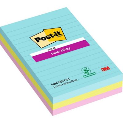 Post-it® Super Sticky Notes, ligné, couleurs Cosmic, 101x152 mm, les 3