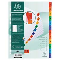 Exacompta White Card Printed A4 Indices, Mylar Tabs 12 Part (1-12) Coloured Tabs