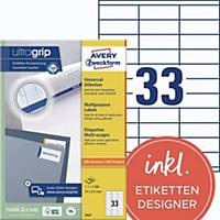 Avery Zweckform 3421 Universal-Etiketten, A4 mit ultragrip, 70 x 25,4 mm, weiß