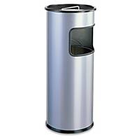 Durable Round Metal Waste Bin with Integrated Sand Ashtray - 17 Litre - Silver