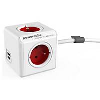 Predlžovací kábel Allocacoc PowerCube, 4 zásuvky, 2 USB porty, červený