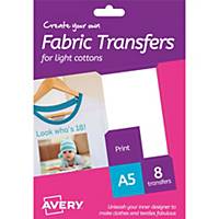 Pack de 8 hojas de papel transfer Avery para algodón blanco - A5