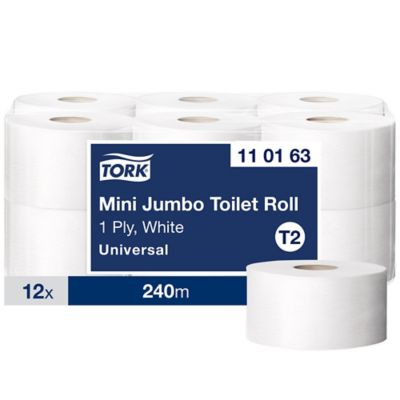 Tork Mini Jumbo Toilet Paper Roll White T2, 110163, 1 Pyl 240m, Pack of 12