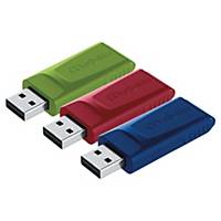 Speicher Stick Verbatim Slider, 2.0 USB, 16 GB, rot/blau/grün Pk. à 3 Stk.
