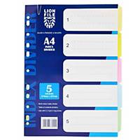 Lion File 5-Tabs Colour Card Paper Index Divider A4 - Pack of 10