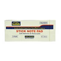 Suremark SQ6653 Sticky Note Pad Yellow Pack of 3