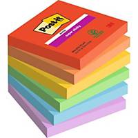 Post-it® Super Sticky Notes, 76 x 76 mm, 6 blocs de 90 feuilles, Playful Colour