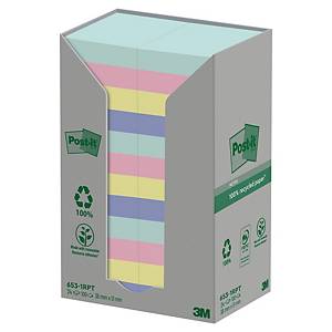 Recykl. samolep. bločky Post-it® 653, 51x38 mm, barvy, bal. 24 bločk/100 líst