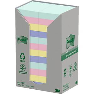 Post-it® Recycling Notes, 38 x 51 mm, 24 blocs de 100 feuilles, assortiment