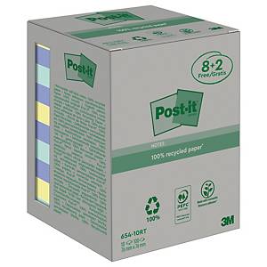 Post-it® Gerecycleerde Notes pak, pastelkleuren, 76 x 76 mm, 8 + 2 GRATIS