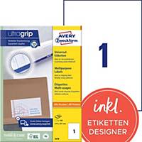 Labels Avery Zweckform ultragrip 3478, 210x297 mm, white, pack of 100 pcs