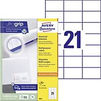 Avery 3652  Multi-Purpose Labels, 70 x 42.3 mm, Permanent, 21 Labels Per Sheet