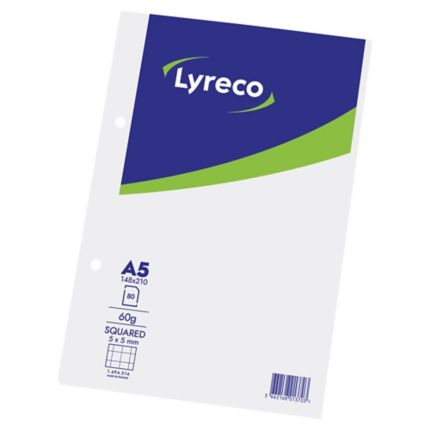 Feuilles perforées Lyreco A5, 60 g/m2, 5 mm à carreaux, bloc de 80 feuilles