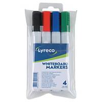 Whiteboardmarker Lyreco dry wipe, rund, 1,5-3 mm, ass. farver, etui a 4 stk.