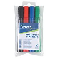 Lyreco permanente marker, brede beitelpunt, assorti kleuren, etui van 4 markers