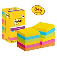 Post-it® Super Sticky Notes, Carnival kleuren, 76 x 76 mm, pak van 8 + 4 GRATIS