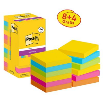 Post-it® Super Sticky Notes, couleurs Carnival, 76 x 76 mm, les 8 + 4 gratuites