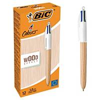 BIC 4 Colours Wood Retractable Ballpoint Pens Medium Assorted - Box of 12