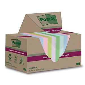 Notes recyclées Post-it® Super Sticky, divers coloris, 47,6 X 47,6 mm, les 12