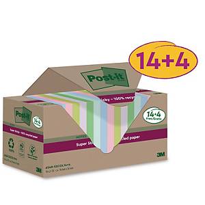 Post-it® Super Sticky Gerecycleerde Notes pak, assorti, 76 x 76 mm, 14+4 GRATIS