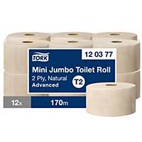 Tork 120377 Mini Jumbo Toilet Roll Natural T2 Advanced 2-Ply 170m - Pack of 12