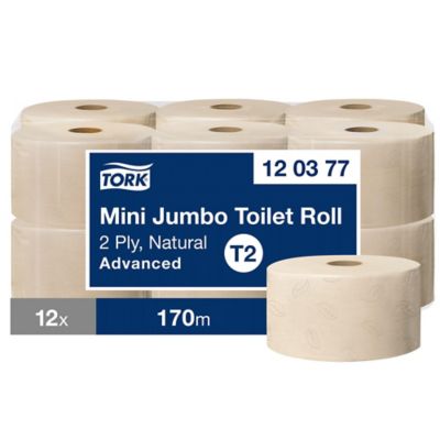 Tork Mini Jumbo Toilet Roll Natural T2, 120377, 2 Ply 170m, Pack of 12