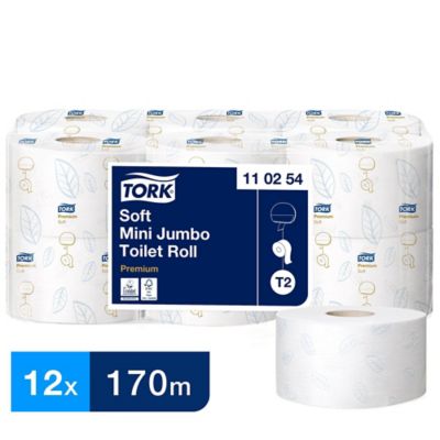 Tork Soft Mini Jumbo Toilet Paper Roll White T2, 1102542, 2 Ply 170m, Pack of 12