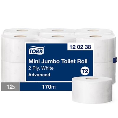 Tork Mini Jumbo Toilet Paper Roll White T2, 120238, 2 Ply 170m, Pack of 12