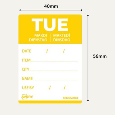 Avery Detailed Food Day Labels, 500 "Tuesday" labels, 40 x 56 mm, Removable