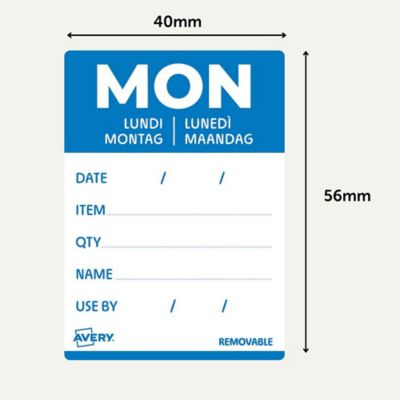 Avery Detailed Food Day Labels, 500 "Monday" labels, 40 x 56 mm, Removable