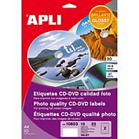 Caixa 20 etiquetas para CD/DVD Apli 10603 - Ø 117 mm - branco
