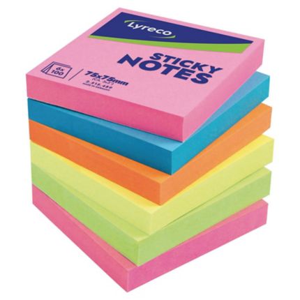 Sticky Notes Lyreco, 75 75 mm, Ultracolour ass. farver, pakke a 6 stk.