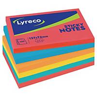 Blocs mémo Lyreco, 5 couleurs fluo vives, recollables, 76 x 127 mm, les 6