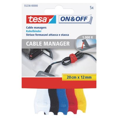 Tesa 55236 On & Off Hook & Loop Cable Manager Assorted Coloured - Pack of 5