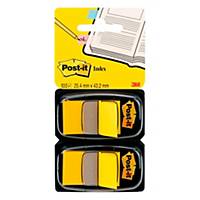 Post-it® Index tabs, geel, 25 x 44 mm, pak met 2 dispensers van 50 tabs