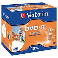 DVD-R Verbatim 4,7 Go, vitesse 16x, imprimable, jewel case, le paquet de 10