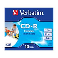 CD-R Verbatim, 700 MO/80 min., imprim. jet d encre, jewel case, paq. 10 unités