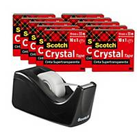 Cinta adhesiva invisible Scotch Crystal + dispensador - Pack de 10 rollos