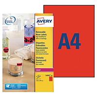 Etiquette enlevable Avery - L6005-20 - 210 x 297 mm - rouge fluo - par 20