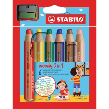 Kraan karakter Zelfrespect Stabilo® Woody 3-in-1 kleurpotloden en 1 slijper, pak van 6 potloden