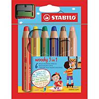 Stabilo® Woody 3-in-1 kleurpotloden en 1 slijper, pak van 6 potloden