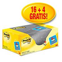Post-it® Notes Canary Yellow™ voordeelpak, geel, 38 x 51 mm, 16+4 blokken GRATIS