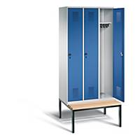 Garderobeskab CP Evolo, HxBxD 180 x 90 x 50 cm, 3 rum, med bænk, blå/grå