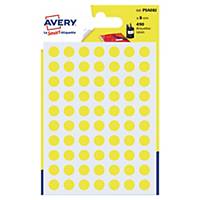 Étiquettes colorées rondes Avery PSA08J, 8 mm, jaunes, les 490 étiquettes