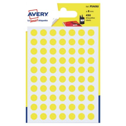 Sag fængsel Es Runde etiketter Avery PSA08J, Ø 8 mm, gul, pakke a 490 stk.