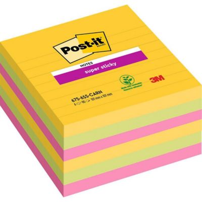 Post-it® Super Sticky Notes, ligné, couleurs Carnival, 101 x 101 mm, les 6