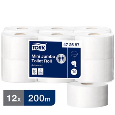 Tork Mini Jumbo Toilet Paper Roll White T2, 472587,  2 Ply 200m, Pack of 12
