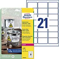 Avery L7060-20 Resistant Labels, 63.5 x 38.1 mm, 21 Labels Per Sheet