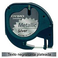 Cinta de rotular Dymo LetraTag - 12 mm - plástico - negro sobre plateado