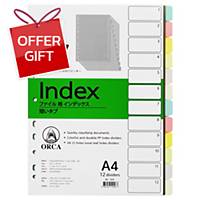 ORCA Plastic Paper Divider Index A4 12 Tabs 6 Colours